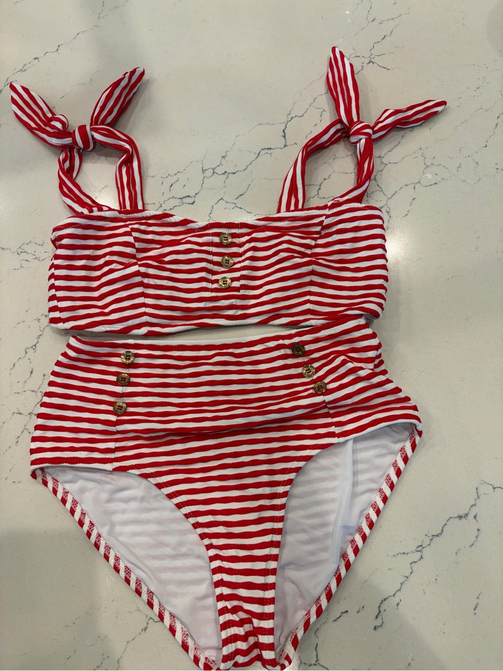 Shoshanna Red White Stripe Sailor Button Bikini Set High Waist D Top M